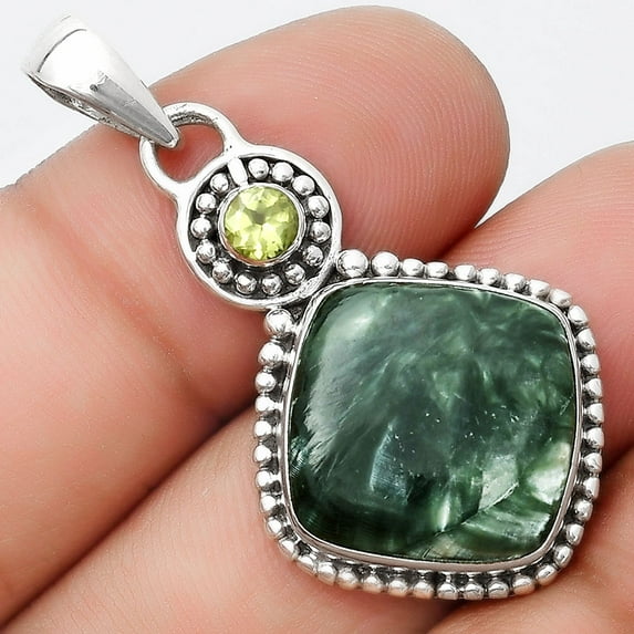 Natural Russian Seraphinite & Peridot 925 Sterling Silver Pendant Jewelry P-1500 SDP125340