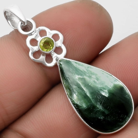 Natural Russian Seraphinite & Peridot 925 Sterling Silver Pendant Jewelry P-1634 SDP110001
