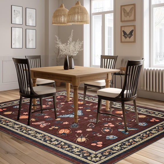 Natural Rustic Fall Butterfly Insect Rug 5x7 for Dining Room Table Stain Resistant Non Slip Washable Low Pile Area Rug 5x7 for Bedroom Bugs Floral Throw Terracotta Carpet for Living Room Dorm