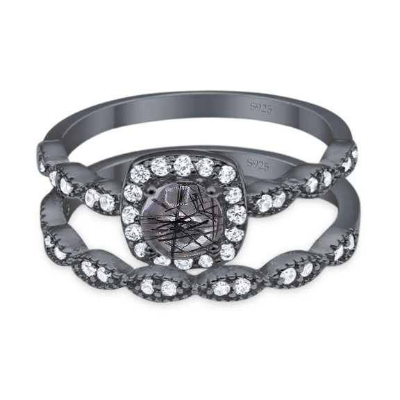 Natural Rutilated Quartz Black Tone Silver Size-7 Two Piece Art Deco Round Vintage Style Cushion Cut Halo CZ Wedding Set Engagement Ring 925 Sterling Silver Gifts For Her