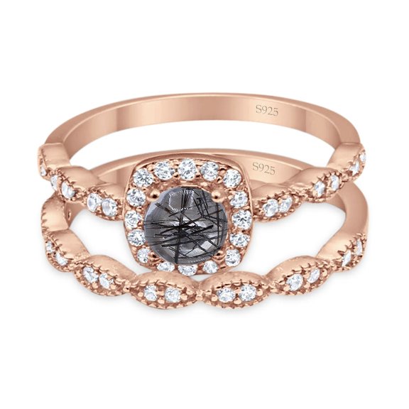 Natural Rutilated Quartz Rose Tone Silver Size-10 Two Piece Art Deco Round Vintage Style Cushion Cut Halo CZ Wedding Set Engagement Ring 925 Sterling Silver Gifts For Her
