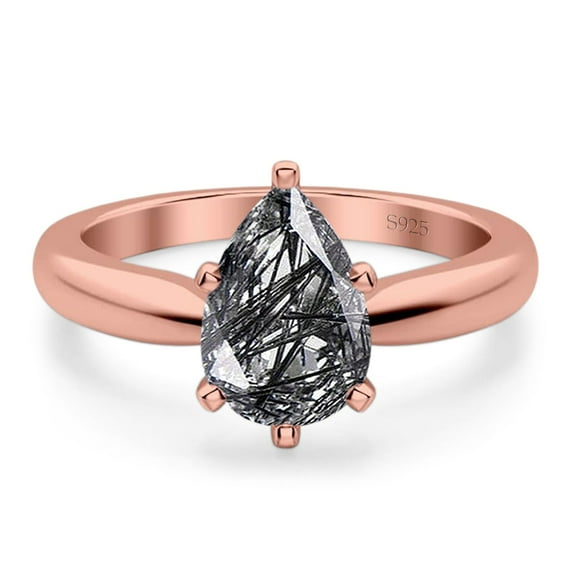 Natural Rutilated Quartz Rose Tone Silver Size-5 Minimalist Pear Teardrop Solitaire Cathedral Ring Vintage Style Wedding Engagement Ring 925 Sterling Silver Gifts For Her