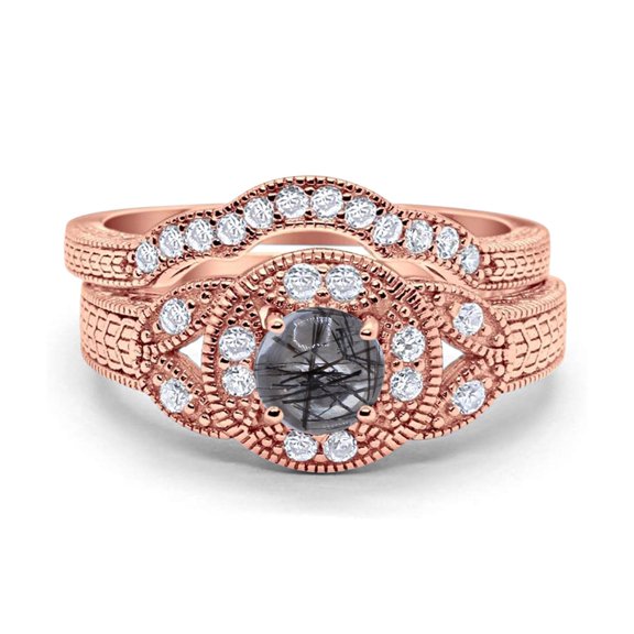 Natural Rutilated Quartz Rose Tone Silver Size-9 Two Piece Art Deco Round Leaf Style Beaded Curved Band CZ Wedding Set Engagement Ring 925 Sterling Silver Gifts For Her