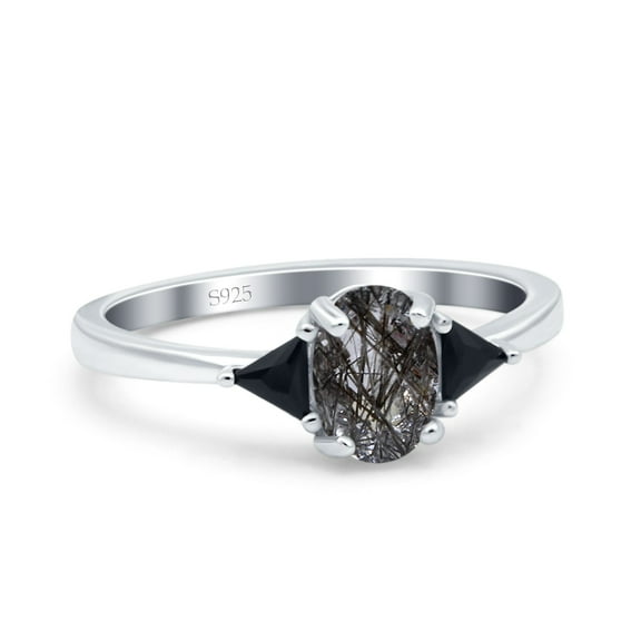 Natural Rutilated Quartz Size-5 Art Deco Three Stone Oval Vintage Style Triangle Black CZ Wedding Engagement Ring 925 Sterling Silver Gifts For Her