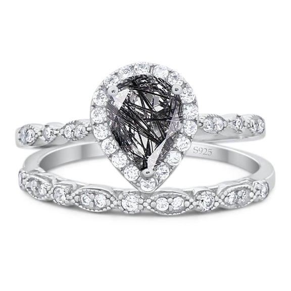 Natural Rutilated Quartz Size-6 Art Deco Two Piece Pear Teardrop Vintage Style Halo CZ Wedding Set Engagement Ring 925 Sterling Silver Gifts For Her