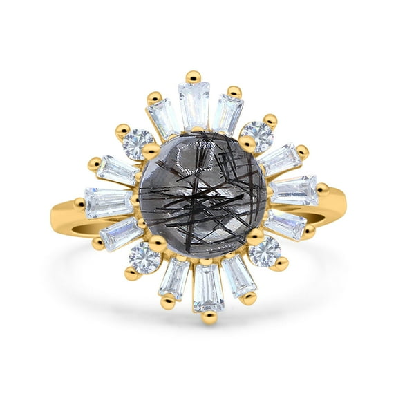 Natural Rutilated Quartz Yellow Tone Silver Size-5 Art Deco Round Cocktail Ring Floral Vintage Style Baguette CZ Wedding Engagement Ring 925 Sterling Silver