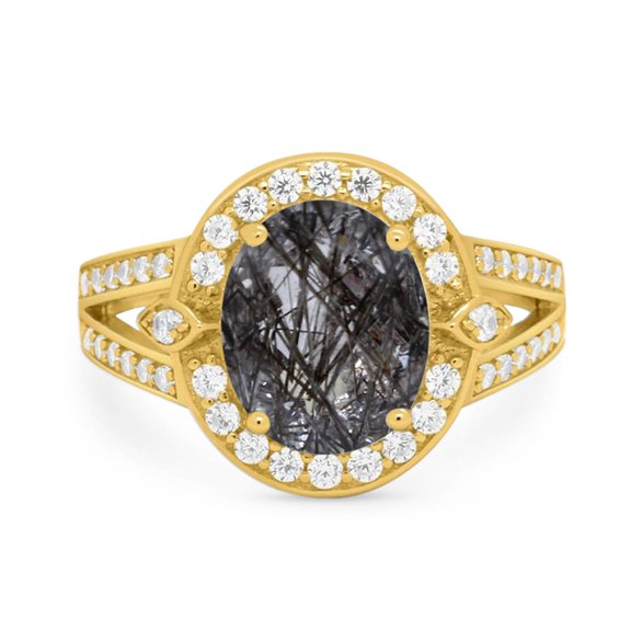 Natural Rutilated Quartz Yellow Tone Silver Size-9 Art Deco Ring Oval Vintage Style Split Shank Halo CZ Wedding Engagement Ring For Women 925 Sterling Silver Gifts For Her