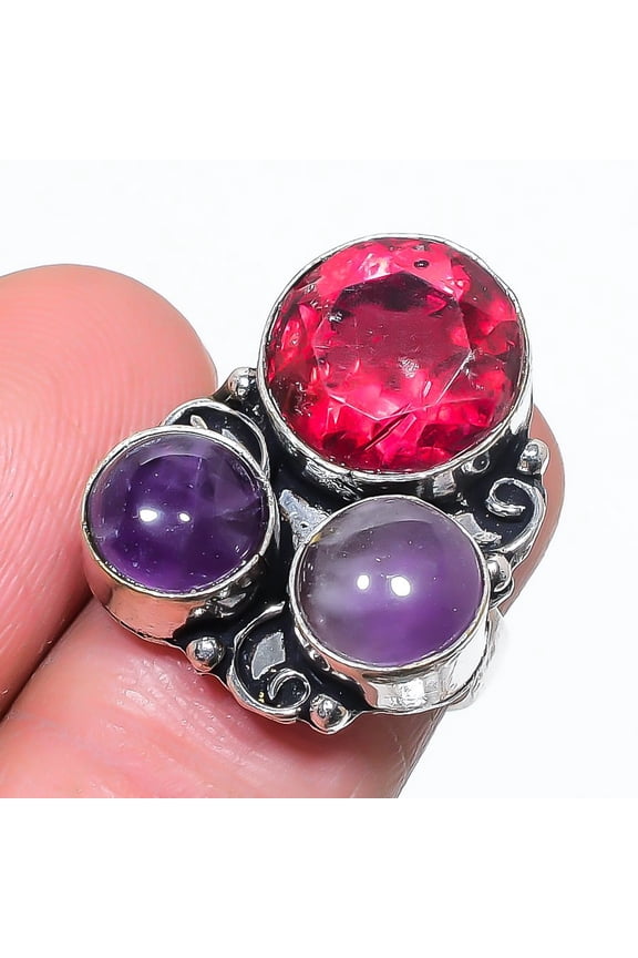 Natural Sage Amethyst, Garnet 925 Sterling Silver Jewelry Ring Size 6.5