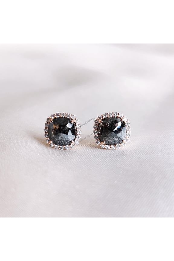 Natural Salt & Pepper Diamond Earrings, 14K Solid Rose Gold Earrings, April Birthstone, Christmas Present, Salt And Pepper Diamond Jewelry