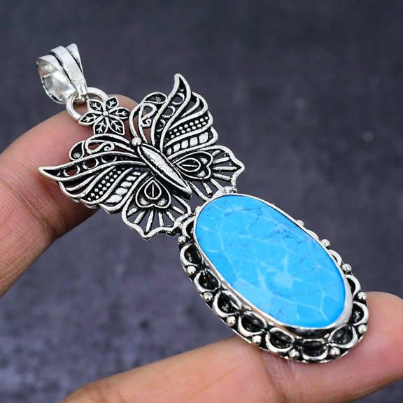 Natural Santa Rosa Turquoise Gemstone 925 Steling Silver Pendant 2.92"