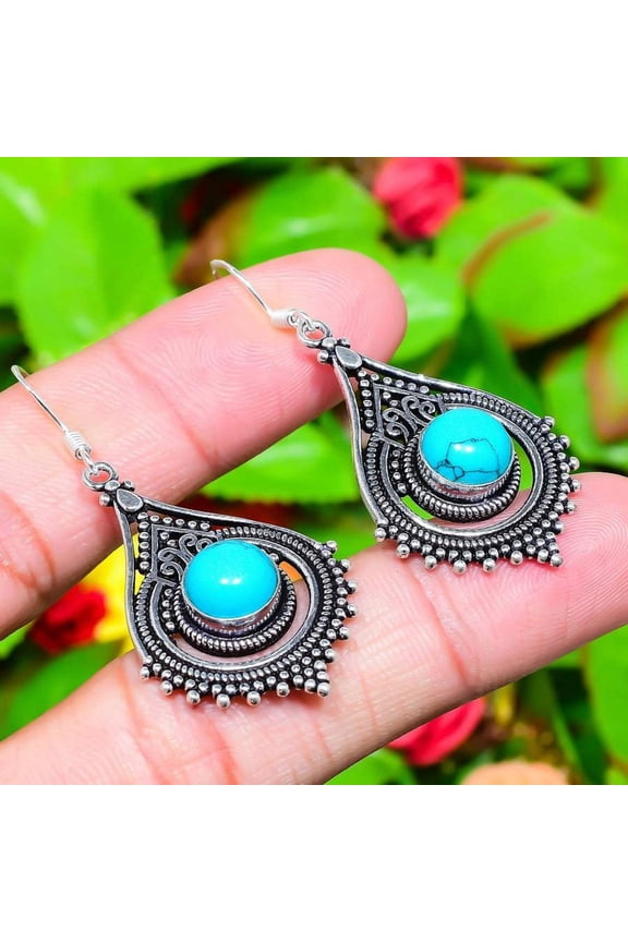Natural Santa Rosa Turquoise Gemstone 925 Sterling Silver Earring 2.13"