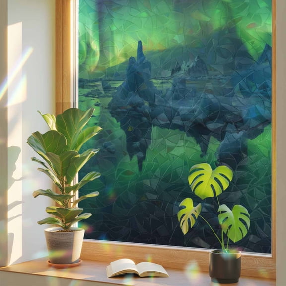 Natural Scene Polar Lights Window Privacy Film, Rainbow Film Decorative Window Sticker 17.7x39.3in, Winter Iceland Aurorae Sun Blocking Static Stained Glass Cling Tint Non-Adhesive