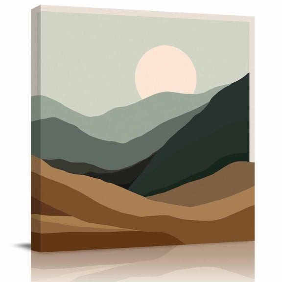 Natural Scenery Abstract Sunset Canvas Artwork Painting Art, Mountain Brown Green Stripe Square Framed Wall Decorations Prints Picture for Bedroom Kitchen Living Room, 8x8 in