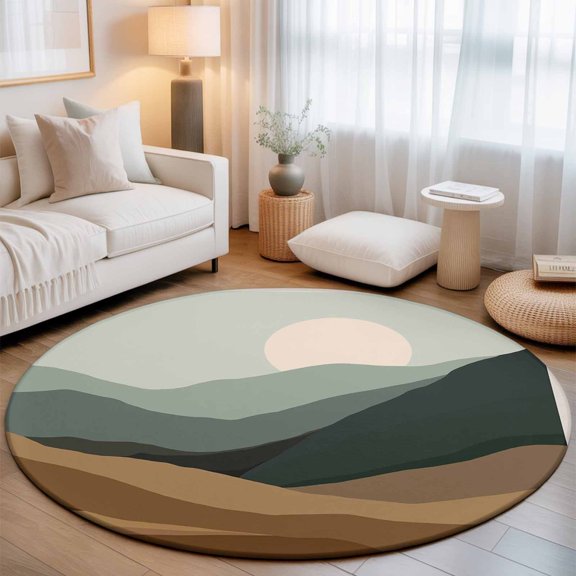 Natural Scenery Abstract Sunset Round Rug 5ft Mountain Brown Green Stripe Washable Area Rugs for Living Room Bedroom Entryway Non Slip Entrance Door Mat Indoor Floor Carpet