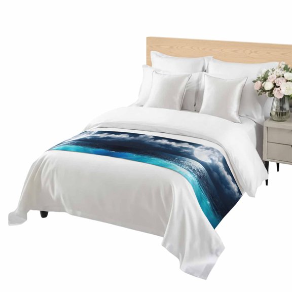 Natural Scenery Bed Runner Twin Size Full Moon Cloud Night Sky Sea Moonlight Soft Bed Scarf for Foot of Bed, Decorative Bedding Scarf Protection for Hotel Home Bedroom 71 x 20 Inch