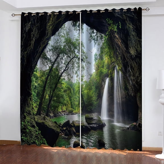 Natural Scenery Blackout Grommet Window Curtains, Cave Waterfall Bedroom Curtains 3D Valance Pattern Window Drapes For Kitchen Living Room Home Decor