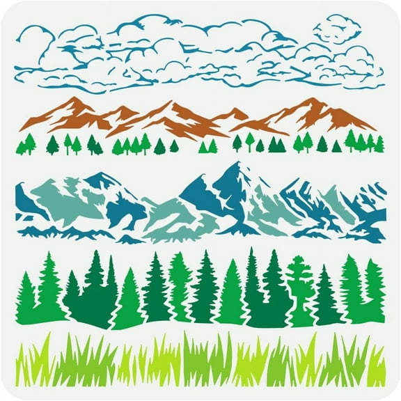 Natural Scenery Border Painting Stencil 11.8x11.8inch Reusable Grass Pine Trees Mountains Clouds Pattern Drawing Template Decor Stencil for DIY Painting on Wood Wall Paper Furniture