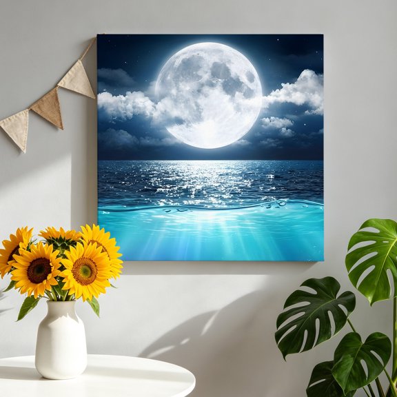 Natural Scenery Canvas Wall Art, Full Moon Cloud Night Sky Sea Moonlight Pictures Wall Decor Wooden Framed Artwork Art Prints for Living Room Hallway Bedroom Office 8"x8"