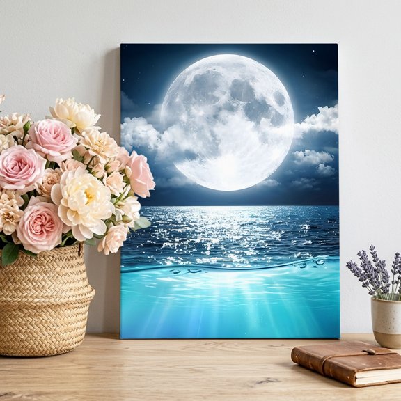 Natural Scenery Canvas Wall Art, Full Moon Cloud Night Sky Sea Moonlight Pictures Wall Decor Wooden Framed Artwork Art Prints for Living Room Hallway Bedroom Office 22"x28"