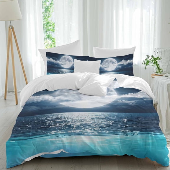 Natural Scenery Comforter Set California King Size, Full Moon Cloud Night Sky Sea Moonlight Soft Bedding Set for Man Woman, 4 Pieces Duvet Cover Set with Fitted Sheet, 2 Pillowcases