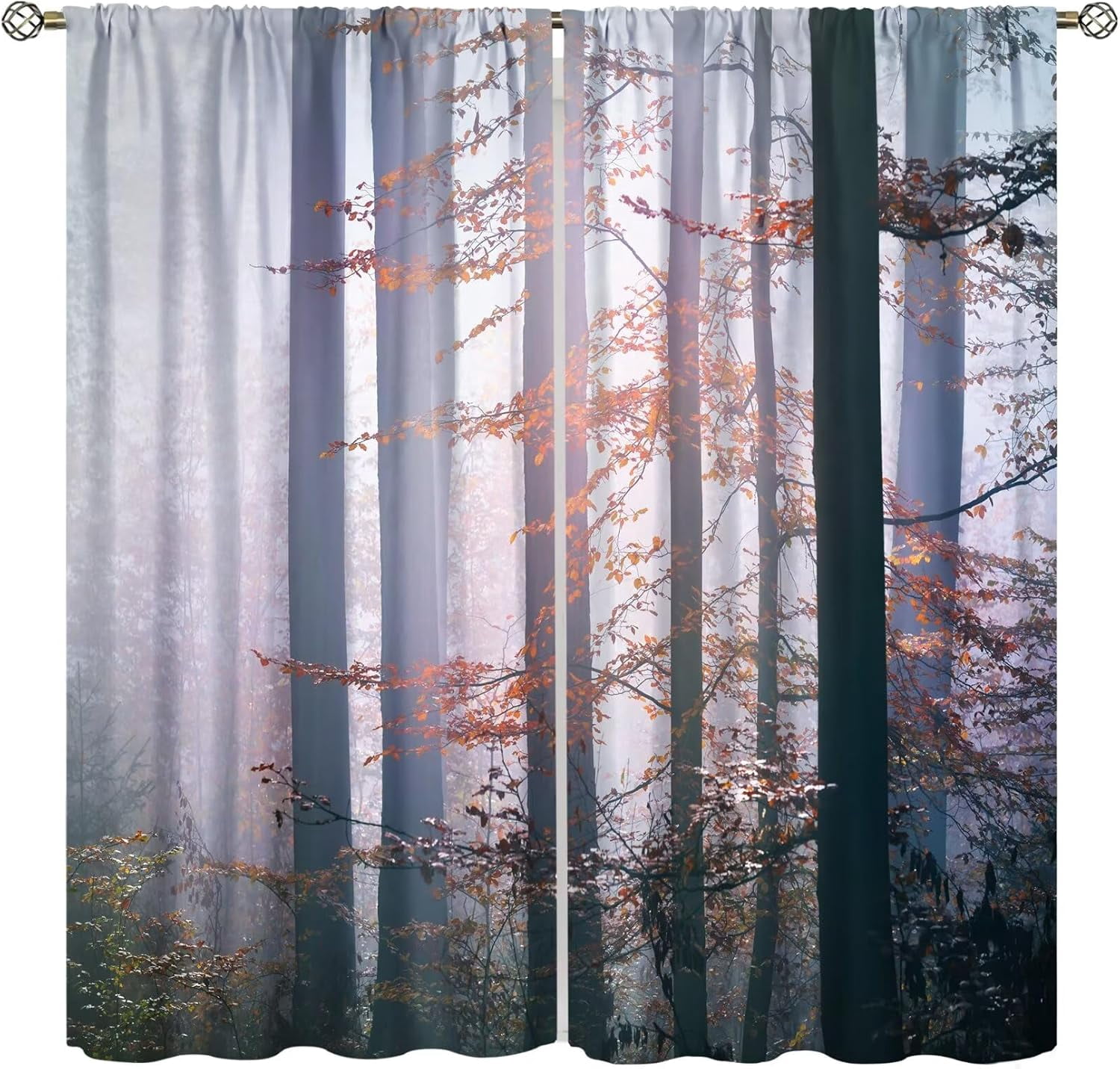 Natural Scenery Curtains, Misty Forest Red Maple Grass Jungle Pattern Print Window Decoration for Bedroom Living Room Thermal Insulation Curtains 42x54 Inches