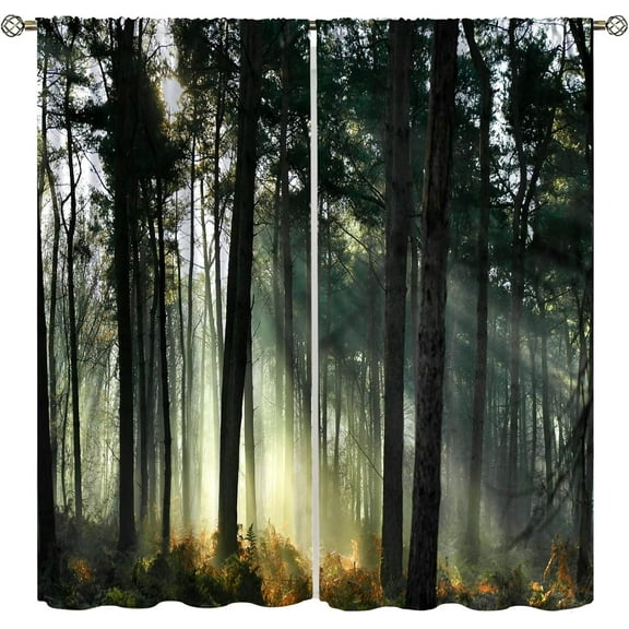 Natural Scenery Curtains, Misty Forest Red Maple Grass Jungle Pattern Print Window Decoration for Bedroom Living Room Thermal Insulation Curtains 52x84 Inches
