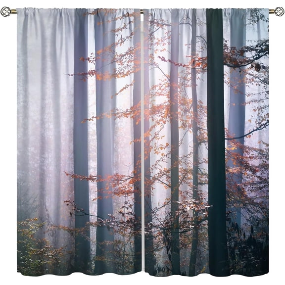 Natural Scenery Curtains, Misty Forest Red Maple Grass Jungle Pattern Print Window Decoration for Bedroom Living Room Thermal Insulation Curtains 52x84 Inches