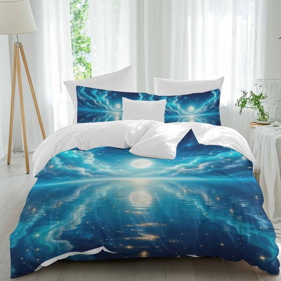 Natural Scenery Duvet Cover Set Full Size, Moonlight Sea Surface Reflection Dreamy Clouds 4 Piece Soft Microfiber Bedding Set with Zipper Closure, 1 Comforter Cover, 1 Flat Sheet, 2 Pillowcases