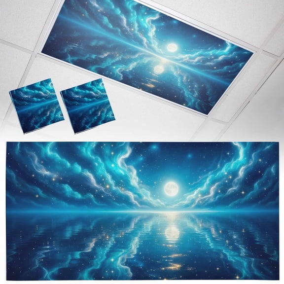 Natural Scenery Fluorescent Light Covers Moonlight Sea Surface Reflection Dreamy Clouds Magnetic Light Filters Ceiling Lighting Panel Shade for Classroom Office Home 2 x 4 ft, 2 Pack