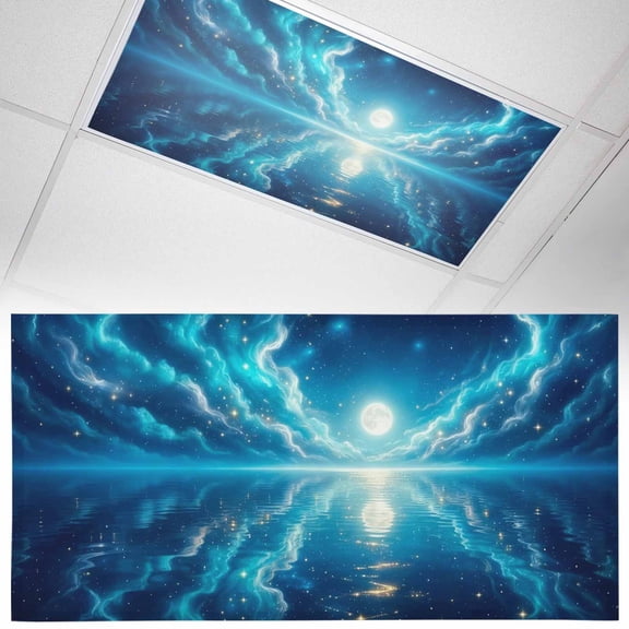 Natural Scenery Fluorescent Light Covers Moonlight Sea Surface Reflection Dreamy Clouds Magnetic Light Filters Ceiling Lighting Panel Shade for Classroom Office Home 2 x 4 ft, 1 Pack