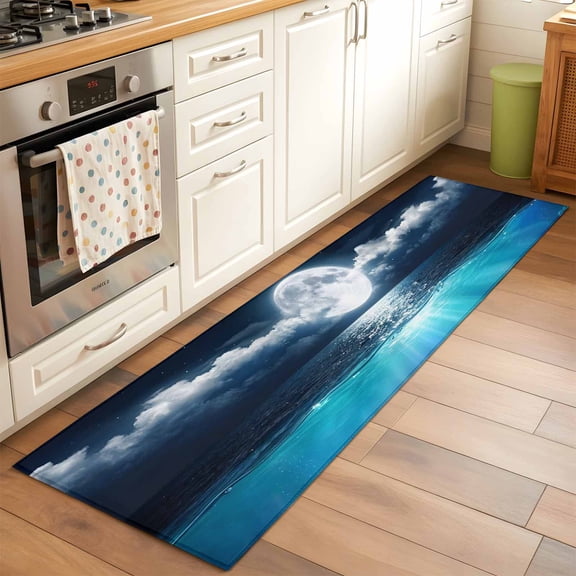 Natural Scenery Hallway Washable Runner Rug 2x6 Full Moon Cloud Night Sky Sea Moonlight Kitchen Runner Mat with Non Slip Backing Low Pile Thin Floor Carpet for Indoor Bedroom Living Room