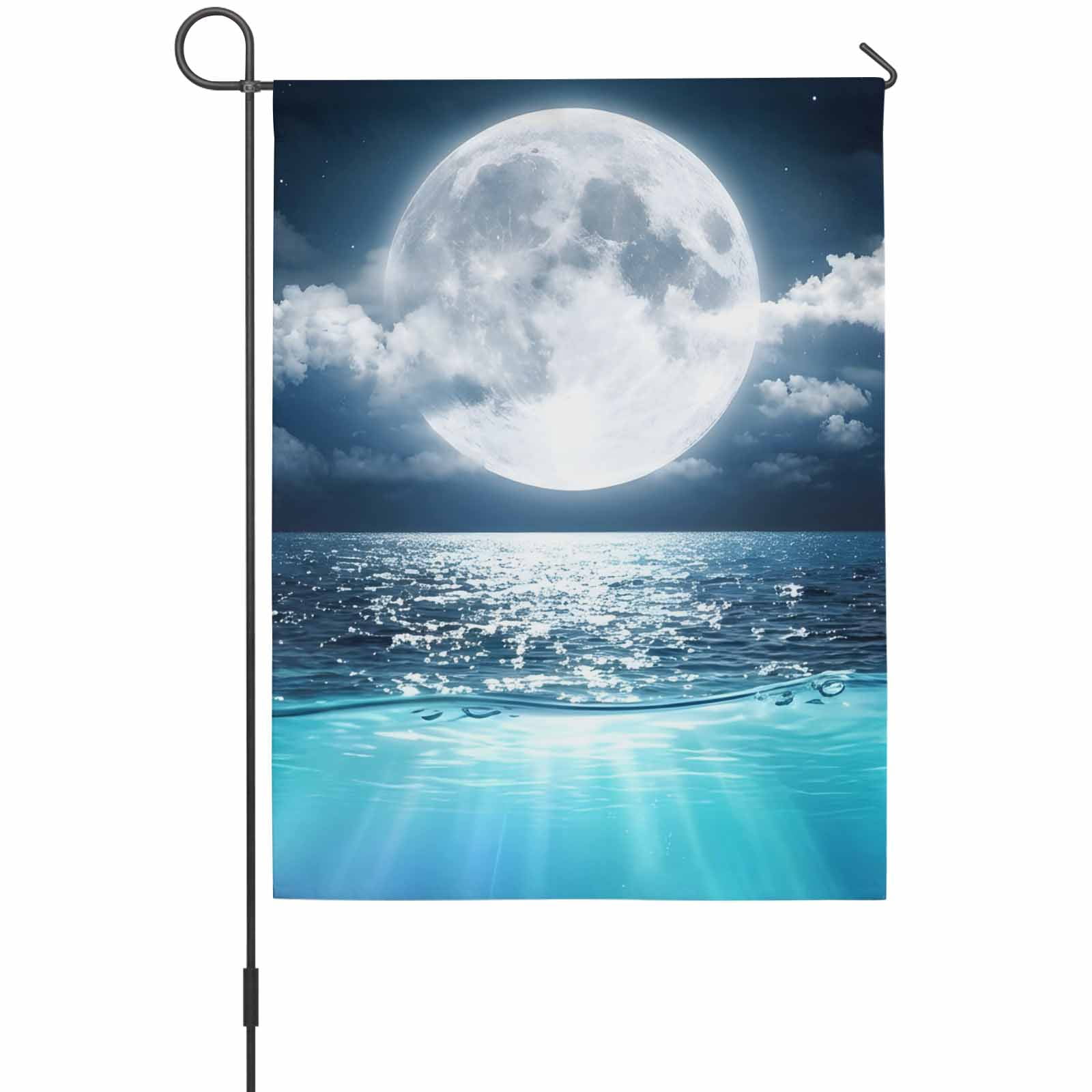 Natural Scenery House Flag 28 x 40 Inches, Full Moon Cloud Night Sky Sea Moonlight Weather Proof Outdoor Patio Flags Double Sided Small House Decoration for Yard Lawn Outside Home