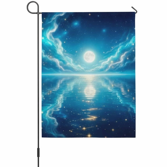 Natural Scenery House Flags For Outdoor, Moonlight Sea Surface Reflection Dreamy Clouds Small Double Side Yard Flags Weather Proof House Decor for Lawn Outside Holiday 28 x 40 Inches