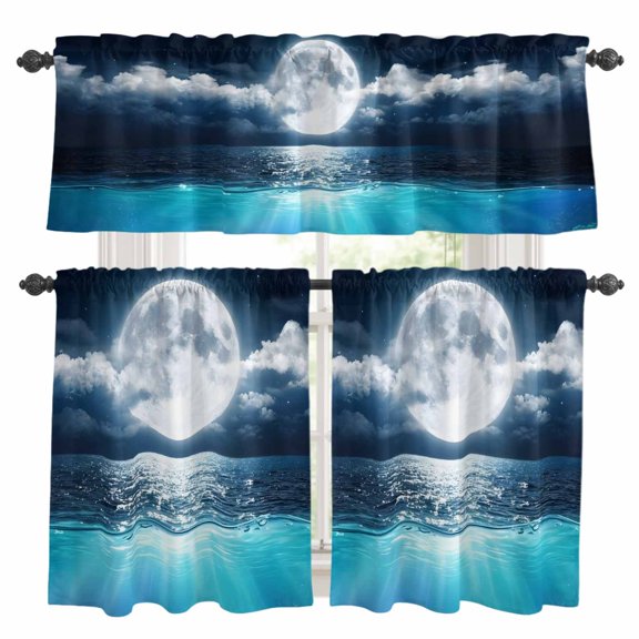 Natural Scenery Kitchen Curtains and Valances Set, Full Moon Cloud Night Sky Sea Moonlight Rod Pocket Window Valance 18 Inch Window Curtain Panels for Living Room Bedroom Laundry, 27.5x24in, 3 Pieces