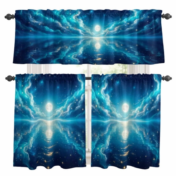 Natural Scenery Kitchen Curtains and Valances Set, Moonlight Sea Surface Reflection Dreamy Clouds 3 Piece Curtains Valances and Tiers Set Rod Pocket for Kitchen Bathroom Windows 24 Inch