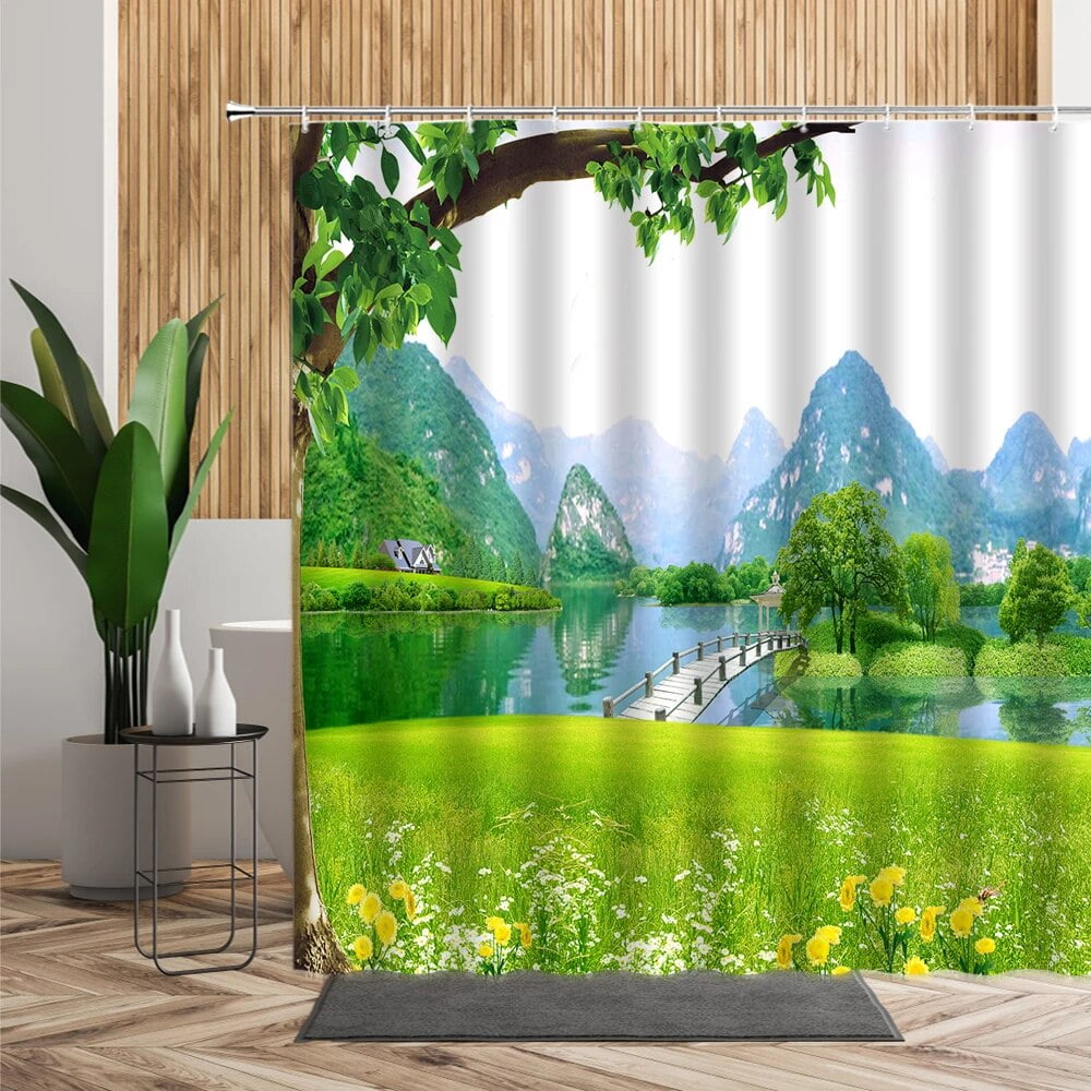 Natural Scenery Landscape Painting Bathroom Shower Curtain Cherry 