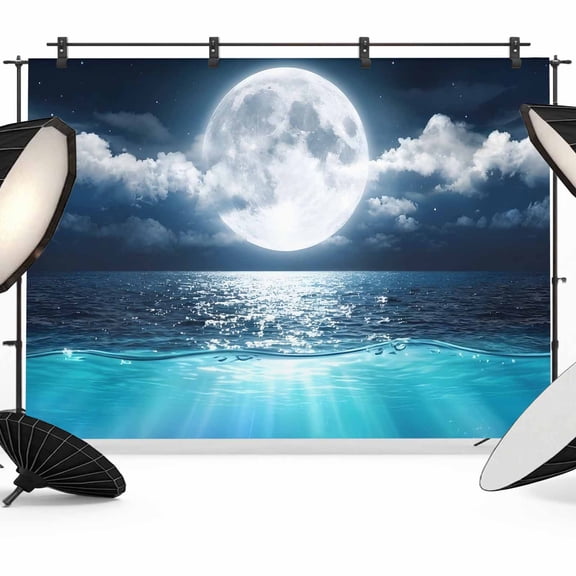 Natural Scenery Photography Backdrop 7x5FT, Full Moon Cloud Night Sky Sea Moonlight Photo Backdrops, Background for Photography Studio Photo Studio Background, Back Drop for Photoshoot