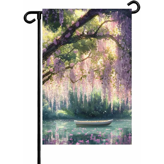 Natural Scenery Pink Flower Lake Garden Flags 12x18 Inch Double Sided Welcome Yard Flags for Outdoor Decor Boat Forest Oil Painting Yard Outside Seasonal Decoration