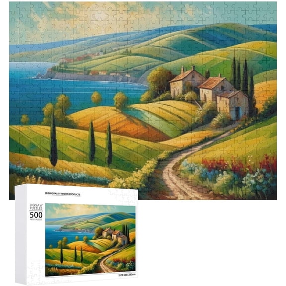 Natural Scenery Puzzle 500 Pieces Jigsaw Puzzles for Adults,Medium Difficulty Fun Jigsaw Puzzles, 20"x15" Large Puzzle,Hill,Country Cottage, Spring Landscape