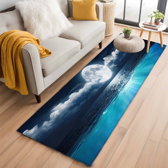 Natural Scenery Runner Rug 2'x6' Full Moon Cloud Night Sky Sea Moonlight Hallway Runner Rugs Washable Non-Slip Bedside Floor Mats Carpet for Kitchen Bedroom Laundry Room Bathroom