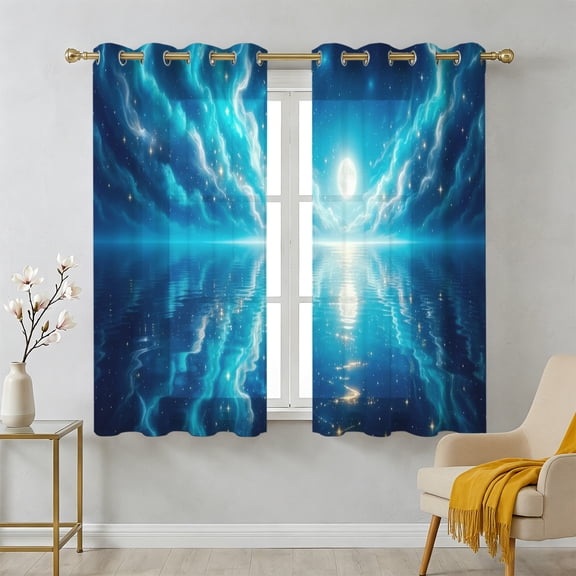 Natural Scenery Sheer Curtains 45 Inch Long 2 Panels, Moonlight Sea Surface Reflection Dreamy Clouds Light Filtering Semi Sheer Drapes Grommet Voile Window Curtain for Living Bedroom W42 x L45
