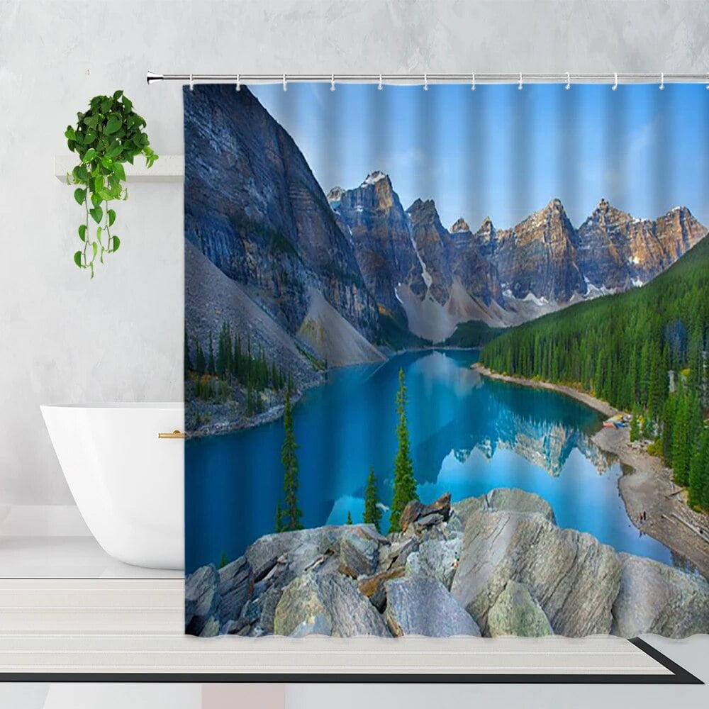 Natural Scenery Shower Curtain 3D Lake Snow Mountain Reflection