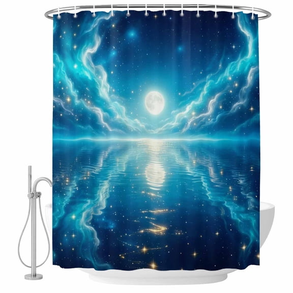 Natural Scenery Shower Curtain for Bathroom, Moonlight Sea Surface Reflection Dreamy Clouds Waterproof Cloth Fabric Bathroom Accessories Set with 12 Rust Proof Plastic Hooks, 72"x84"