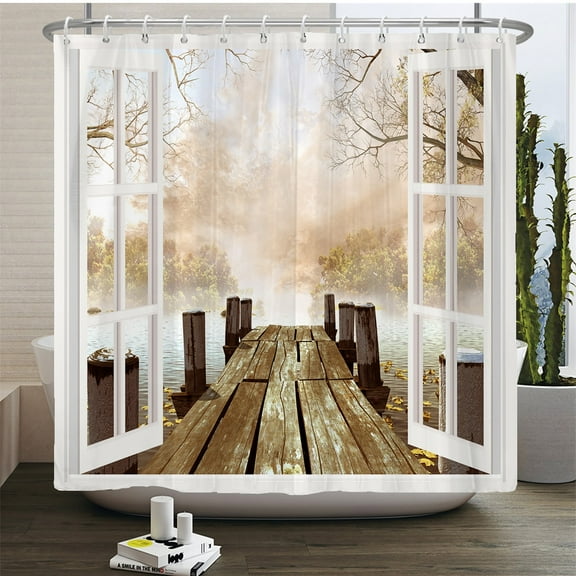 Natural Scenery Shower Curtain Forest Landscape Pier Print Bathroom Curtains Home Bathtub Decor Waterproof Polyester Curtain