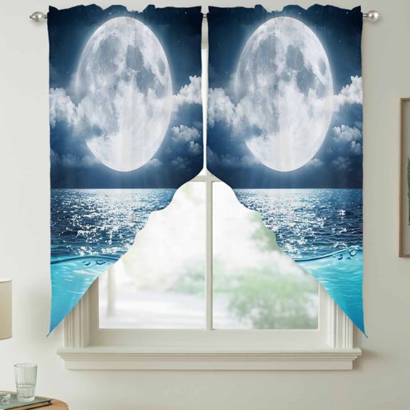 Natural Scenery Swag Kitchen Curtain Valances, Full Moon Cloud Night Sky Sea Moonlight Rod Pocket Curtains Window Treatment Decor Valances for Bedroom Bathroom, 2 Panels 28 x 36 Inch