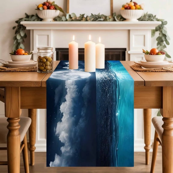 Natural Scenery Table Runner, Full Moon Cloud Night Sky Sea Moonlight Washable Cotton-linen Table Runners Dining Kitchen Decoration for Everyday Home Wedding Party Decor, 13 x 36 Inch
