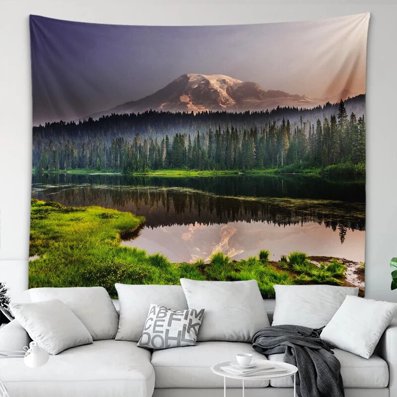 Natural Scenery Tapestry Mountains Lakes Forest Snow Wall Art Room