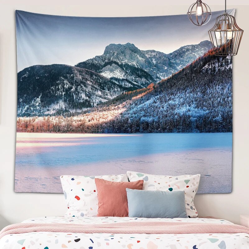 Natural Scenery Tapestry Mountains Lakes Forest Snow Wall Art Room