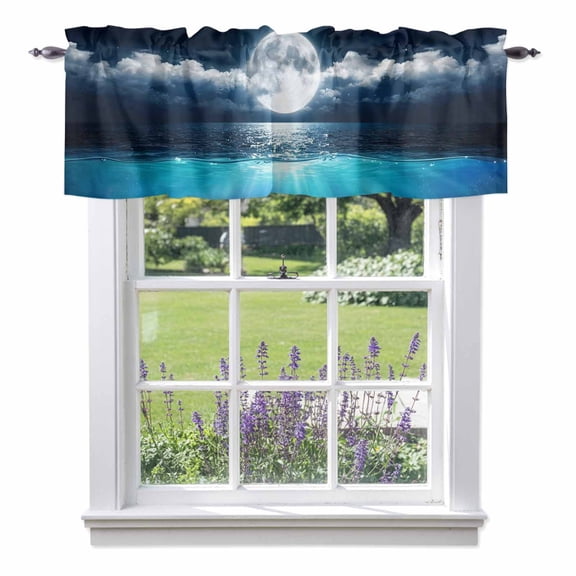 Natural Scenery Valances for Windows, Full Moon Cloud Night Sky Sea Moonlight Rod Pocket Valance Short Window Treatments Curtains for Kitchen Bathroom Bedroom Decor, 42 x 12 Inches