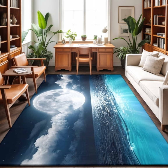 Natural Scenery Washable Area Rug 9 x 12 ft Full Moon Cloud Night Sky Sea Moonlight, Soft Non Slip Rugs Stain Repellent Indoor Felt Carpet for Living Dining Room Bedroom Home Office